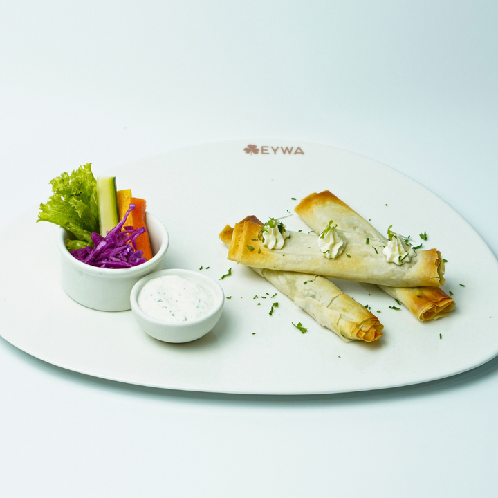 CHEESE AND SPINACH PHYLLO PARCELS, FETA DIP