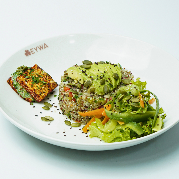 Mix grain, citrus-soaked avacado salad, toasted seeds